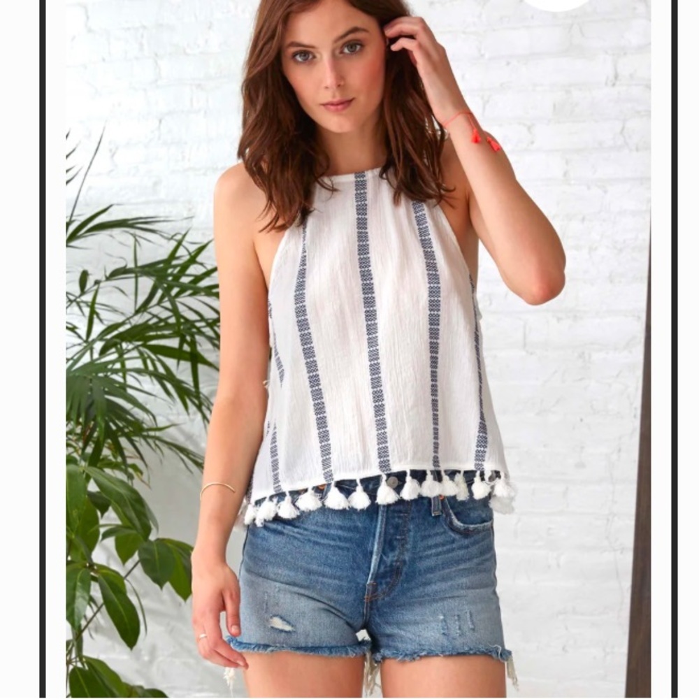 NWT- SAYLOR- Carina Blue and White Stripe Tassel Top Size Small 100% Cotton